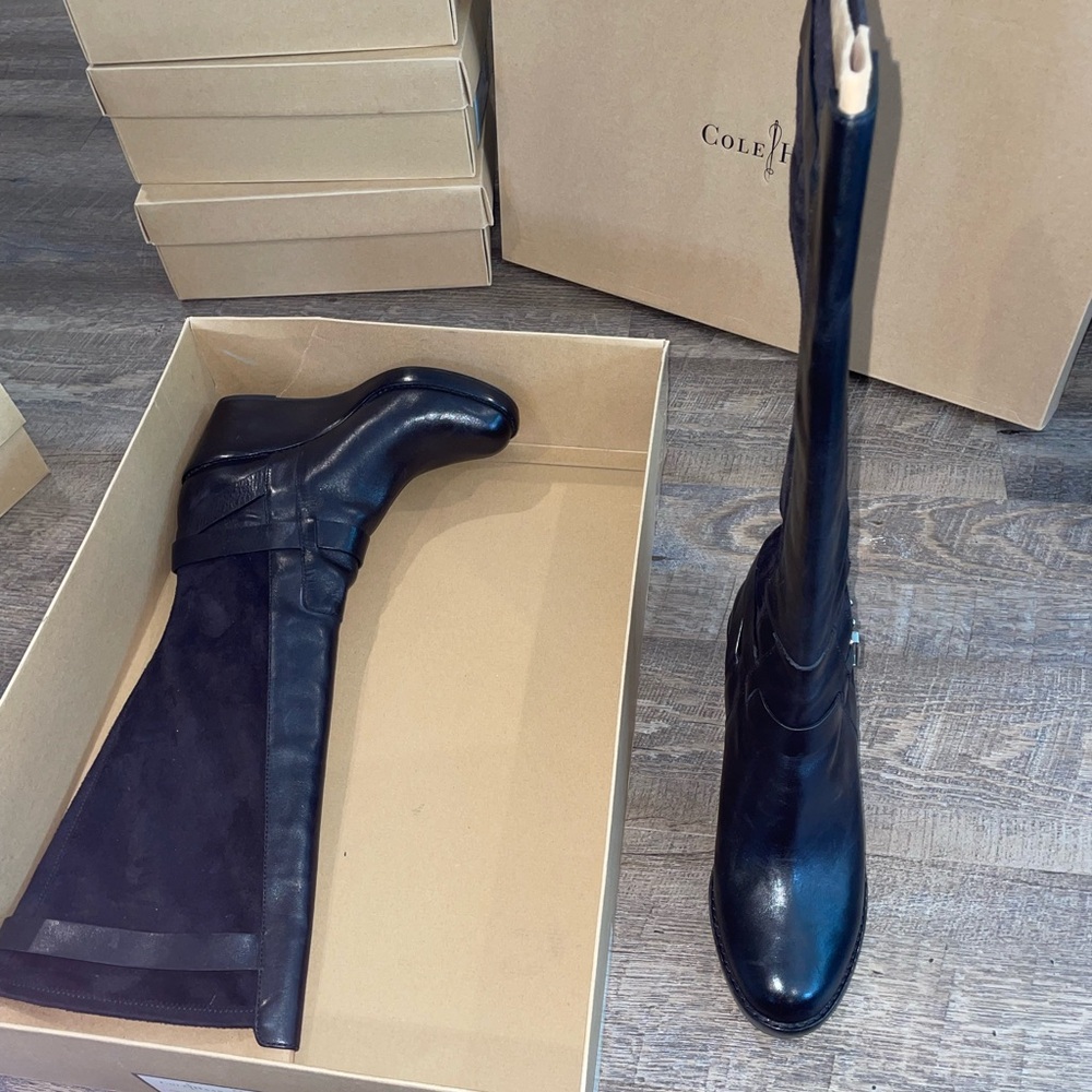 Cole Haan Black Leather and Suede Knee-High Wedge Boots - Picture 4 of 10